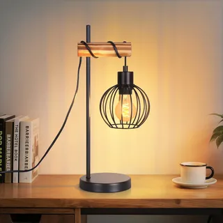 ZMH Tischlampe Schwarz Holz Tischleuchte Vintage Nachttischlampe 1 flammig im Industrial Metall E27 Fassung Retro Nachttischleuchte ohne Leuchtmittel - Schwarz
