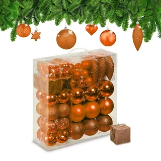 Relaxdays Weihnachtskugeln 110er Set, Kunststoff, Weihnachtsbaumdeko mit Kugeln & Lametta, Christbaumschmuck, orange