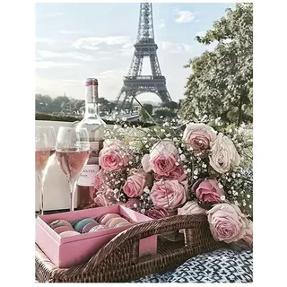 DCIDBEI Diamant Painting Pinke Blumen Rose 40x50cm Diamant Painting Paris Eiffelturm Diamond Painting Eiffelturm Malen nach Zahlen Landschaften Diamond Painting Erwachsene Landschaft Macarons Wein