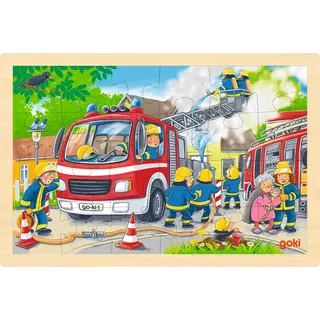 GoKi 57318 – Einlegepuzzle Feuerwehreinsatz aus Holz – 24-teiliges Kinderpuzzle mit Einsatzfahrzeug, ca. 30 cm breit, ab 3 Jahren