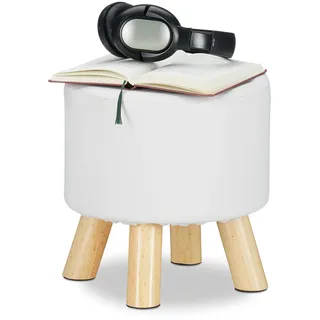 Relaxdays Hocker Kunstleder, gepolstert, 4 Holzbeine, Flacher Fußhocker, runder Dekohocker, H x D: 30 x 30 cm, weiß