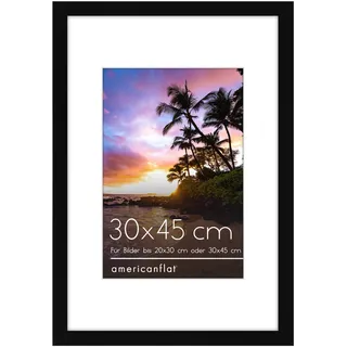 Americanflat 30x45 cm Bilderrahmen aus MDF-Holz mit 20x30 cm Passepartout - 45x30 cm Fotorahmen mit Plexi-Scheibe und integrierter Aufhängung für Hoch- und Querformat - Schwarz