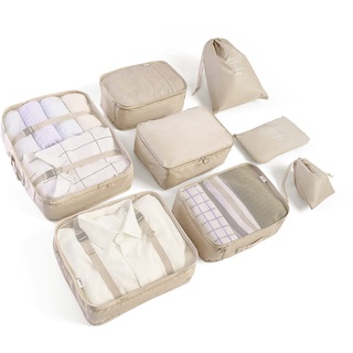 BillyBath Koffer Organizer set, Packing Cubes Kleidertaschen Schuhbeutel Reiseorganizer Packwürfel Kosmetik Travel Organizer Packtaschen für Koffer (8 teilig, Beige)