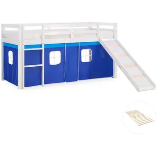 Homestyle4u Hochbett 90 x 200 cm Kiefer massiv lackiert Blau/Weiß