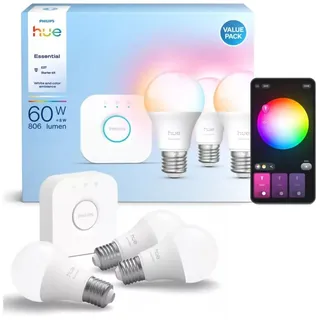 Philips Hue Smart Lighting Starter Kit mit 3 Lampen und Bridge, Weiß- und Farbatmosphäre, E27-Lampen, 806 Lumen, 60 W, inklusive Bridge, App-Steuerung, kompatibel mit Alexa und Google Assistant