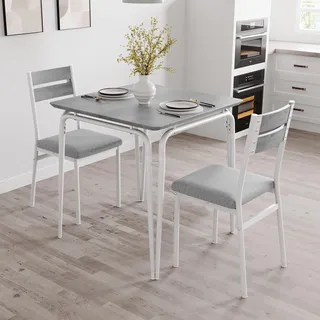 GarveeHome 3-Teilige Essgruppe Esstisch mit 2 Gepolsterten Stühlen, Küchentisch-Set, Quadratischer Esstisch aus Metall und Holz, Platzsparende Esszimmergruppe für Küche & Esszimmer, Grau