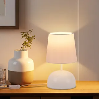 ZMH Nachttischlampe Tischlampe mit Kabel - Tischleuchte Weiß Stoff Nachtlampe Modern Schlafzimmer Bettlampe Design Klein Schreibtischlampe für Wohnzimmer Büro Bett Tisch Fenster Hotel - Weiß