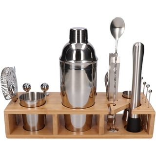 Whiskey Rocks 20-er Cocktail Shaker Set mit Bambusständer - Cocktail & Bar Zubehör - Paris Shaker 750 ml - Barkeeper Set - Bar Set - Cocktail Messbecher & Stößel - Barlöffel - Edelstahl - Silber