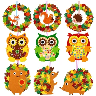 9 pcs Diy Bastelsets mit Eulen Igeln, Bastelset Herbst für Junge Mädchen | 3 Herbstkränze, 3 Eulen Und 3 Igel Zum Kreativen Herbstbasteln, Herbst Bastelset Deko Für Zuhause, Kita Und Schule