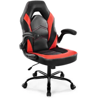 DUMOS Gaming Stuhl - Ergonomischer Gaming Sessel, Verstellbarer Drehbarer Gamingstuhl aus PU-Leder mit klappbaren Armlehnen, Geeignet für Zuhause, Büros usw(Schwarz-Rot)