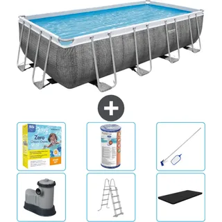 Bestway rechteckiges Power Steel-Schwimmbecken – Rattan-Druck – 549 x 274 x 122 – inklusive Pumpe – Leiter – Abdeckung Wartungspaket - Filter - Reinigungskit - Grau