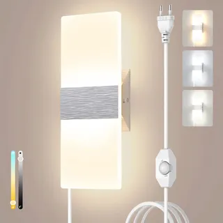 Sytmhoe Schlafzimmer Dimmbar Wandlampe Mit Schalter E27 Kabel, 12W 960LM Led Wandleuchte Innen 3000K 4500K 6000K Veränderbar Modern Silber Acryl Aluminium Für Kinderzimmer Wohnzimmer Hotel Wohnung