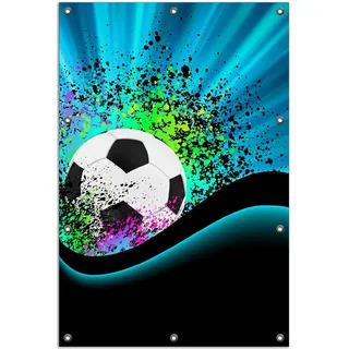 Wallario Outdoor-Poster für Garten oder Balkon, Motiv Fußball - Design Wellen und Regenbogen in blau, in ca. 80 x 120 cm - Schwarz