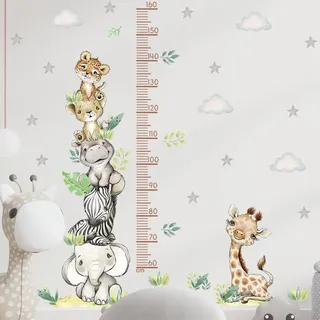 COVPAW Wandtattoo Messlatte Tierturm Babyzimmer Wandaufkleber Kinderzimmer Elefant Giraffe Zebras Löwen Grass Wolke Sterne Wachstum Diagramm Mess Baum Wandsticker Körpergrösse Messen Wandsticker