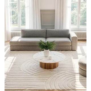 ROHATIM Wohnzimmer Teppich Beige 300x200 cm mit Relief-Struktur Kreise, Weicher Soft-Flanell, rutschfest, Waschbar & Faltbar, Großer Deko-Teppich für Lounge & Esszimmer