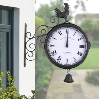 FROPIJ Gartenuhr Wetterfest Outdoor, 20cm Vintage Bahnhofsuhr Aussen Wetterfest Doppelseitige Ziffernblatt Wanduhr mit Wandhalterung & Leise Bewegung, Outdoor Uhr Garten für Garten Bahnhof