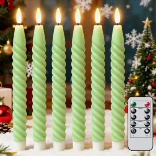Eldnacele LED Stabkerzen mit Timerfunktion flackernde Flamme, Spiralkerzen gedrehte Stabkerzen dekorative Haushaltkerzen Tropffrei Grün Ø 2 x 25 cm aus Stearin für Restaurants, Hochzeiten und Partys