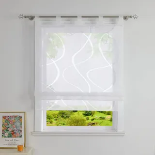 Heichkell Ausbrenner Raffrollo Raffgardine mit Schlaufen Transparent Vorhang Rollo ohne Bohren Schlaufenrollo Modern Weiß BreitexHöhe 120x140 cm