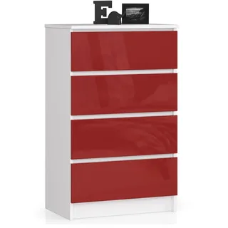 Kommode in rot Hochglanz mit 4 geräumigen Schubladen, 60 cm breit, 99 cm hoch Organizer Kommode mit Schubladen Holz Highboard Sideboard Schrank - Rot