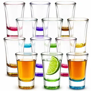 volila 12 Bunt Schnapsgläser aus Glas - 5 cl Spülmaschinenfest Shotgläser mit Standfest für Wodka Gläser, Tequila Gläser für Jede Party