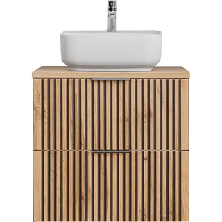 Badezimmer Waschtischunterschrank 60 cm mit Keramik Aufsatzwaschbecken XANTEN-56 in anthrazit mit Eiche Nb. schwarz gerillt, B/H/T: ca. 60,6/73,2/46,5 cm - Braun