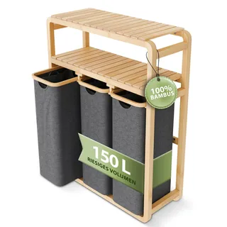 AMBIAVO Wäschekorb 3 Fächer grau · Wäschesammler Regal, doppelte Ablage | Warme Holz-Optik aus Bambus, schmal, riesiges Volumen, 50 L pro Fach, Wäschesortierer mit waschbaren Baumwollsäcken