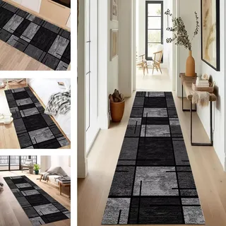 SUCERU Teppich Läufer Flur Diele Küche rutschfest Waschbar Dauerhaft 90X200CM Schwarz Grau Geometrisch Teppichläufer für Wohnzimmer Korridor Schlafzimmer Büro Esszimmer Flurläufer Anpassbar Meterware