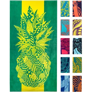 Nova Blue Strandtuch Ananas - gelb und grün mit tropischem Design, extra groß, XL (86,4 x 160 cm) Tropische Früchte, gelbes einzigartigem Design aus 100% Baumwolle für Kinder & Erwachsene