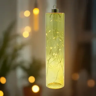 2.02 LED Glas Zylinder TUBE - ca. 24 x Ø 6 cm - 20 LED Deko zum hängen mit Batterie und Timer - Farbe: Amarillo - Gelb