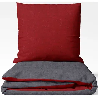 Wendebettwäsche SETEX "Feinbiber", rot (dunkelrot, dunkelgrau), B/L: 135cm x 200cm, 1 Stk., 1 Stk., Biber, B/L: 80cm x 80cm, 2 Stk., Biber, Obermaterial: 85% Baumwolle, 15% Polyester, Bettwäsche, Wendebettwäsche, mit Wendefunktion