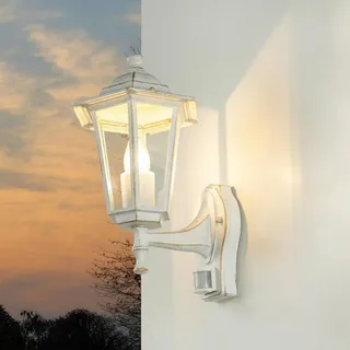 Licht-Erlebnisse Outdoor Wandleuchte mit Bewegungsmelder Glas Aluminium Weiß-Gold IP44 Haus B:17 cm E27 Sensor Laterne nostalgische Außenlampe PARIS