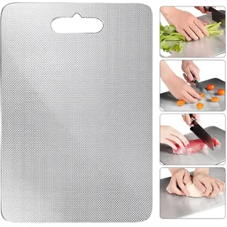 Edelstahl Schneidebrett 34x24cm, Beidseitiges Antibakterielles Hackbrett BPA-frei Spülmaschinenfest Multifunktional für Fleisch/Gemüse/Fisch