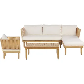 BELIANI 4-Sitzer Lounge Set Braun Akazienholz Rustikales Design Outdoor Terrassen Garten Ecksofa Linksseitg mit Tisch u. Cremeweißen Auflagen - Braun, Weiß