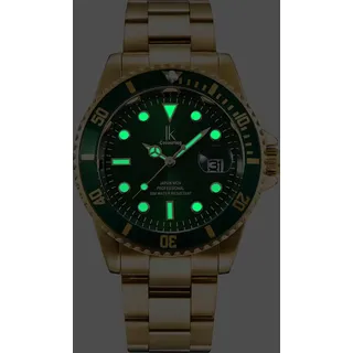 Alienwork Armbanduhr Herren Damen Gold Edelstahl Metallarmband Kalender Datum Grün Elegant