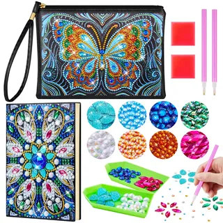 Enbagold Diamond Painting Kinder Kosmetiktasche & A5 Notizbuch, Bastelset Kinder ab 6 Jahre, Basteln Mädchen 8-12 Jahre, Geschenk Mädchen 6 7 8 9 10 11 12 Jahre -Blauer Schmetterling + Pfauenfeder