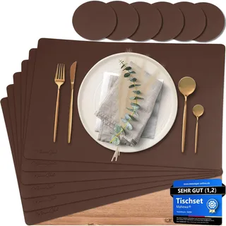Mahewa® 6er Set Premium Tischset aus Kunstleder - Platzset abwaschbar und wasserdicht - Platzdeckchen Telleruntersetzer in Lederoptik (Walnuss, Eckig)