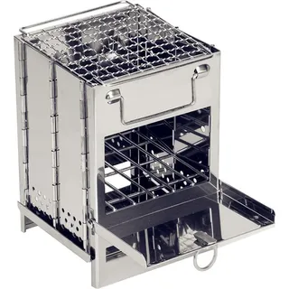 Quadratischer Holzofen, tragbarer Edelstahl-Mini-Kohlegrill, faltbarer BBQ-Grill für Camping, Garten und Outdoor, 15*15*21CM
