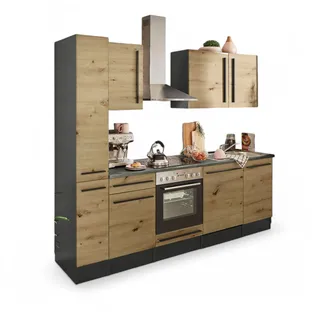 Stella Trading Jazz 8 Moderne Küchenzeile mit Elektrogeräten in Anthrazit, Artisan Eiche Optik - Geräumige Einbauküche mit viel Stauraum - 250 x 212 x 60 cm (B/H/T)