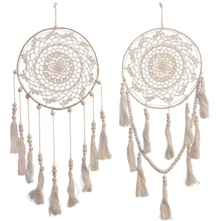 Makramee Traumfänger Wandbehang Boho Chic Wanddeko Handgefertigt Creme Ø22cm H54cm - Silber