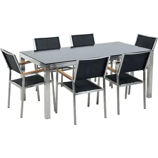 BELIANI Gartenmöbel Set Schwarz Sicherheitsglas Edelstahl Tisch 180 cm 6 Stühle Terrasse Outdoor Modern - Schwarz, Silber