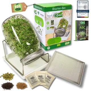 Green SEEDS® [Das Original Sprossenglas Starter-Set + KRESSESIEB | 1000ml mit hochwertigem Edelstahl-Gitterdeckel, Ständer, Keramikschale + Sprossen-ABC [Druckversion] Keimglas Anzuchtschale