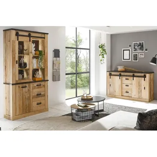Furn.Design Esszimmer-Set Esszimmer Set, Used Wood hell, anthrazit, Wohnkombination 2-teilig mit Vitrine Sideboard , Eichefarben, Anthrazit , Holzwerkstoff , Nachbildung,Altholz , 10 Fächer , 6 Schubladen , 275x201x43 cm , FSC 100% , Esszimmer