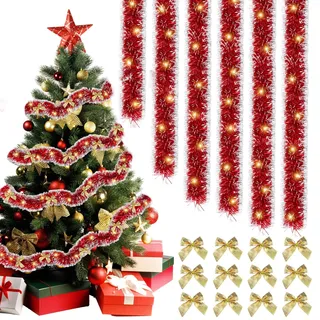 Xbessc 6 Stück 2 M Weihnachtsbaum Lametta Rot Weihnachtsbaum Girlande mit Schleife Weihnachtsgirlande Weihnachtsbaumschmuck Girlande Weihnachten Girlande Weihnachten Lametta