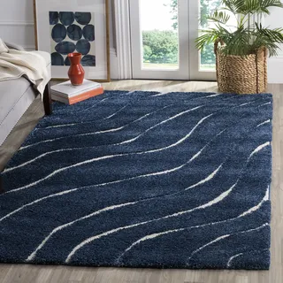 SAFAVIEH Zottelig Teppich für Wohnzimmer, Esszimmer, Schlafzimmer - Florida Shag Collection, Hoher Flor, Dunkelblau und Creme, 244 X 305 cm