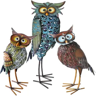 Uzman Gartendeko für draußen wetterfest Dekorative Garten Eulen Figuren Vintage Metallic Design Gartendeko für Außenbereich Teichdeko Gartenteich Deko Gartenfigur (3er Set Garteneulen)