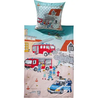 Erwin Müller Kinder-Bettwäsche, Bettgarnitur Polizei und Feuerwehr Renforcé bunt Größe 80x80 cm / 135x200 cm - temperaturausgleichend, strapazierfähig, mit praktischem Reißverschluss