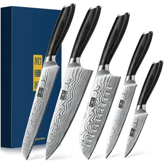 HOSHANHO 5-Teilig Messerset, Kochmesserset Professionelles Pulverstahl Chefmesser Set, Ultra Scharfes Japanisches Küchenmesserset mit Ergonomischem Pakkawood-Griff