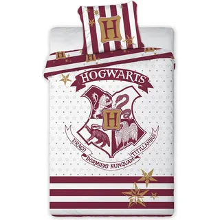 Kinder Bettwäsche Wizarding World Harry Potter Hogwarts Wappen Magier Zauberei Rot gestreift, Weiß Bettdecke 140 x 200 + Kopfkissen 70 x 90 cm 100% Baumwolle - Weiß