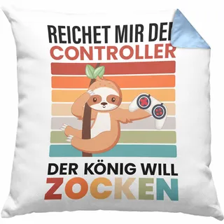 Trendation Zocken Reichet Mir den Controller König Kissen mit Füllung 40x40 Geschenk Gamer Jungs Jungen Geschenkidee Zocker Faultier Grafik (Blau)