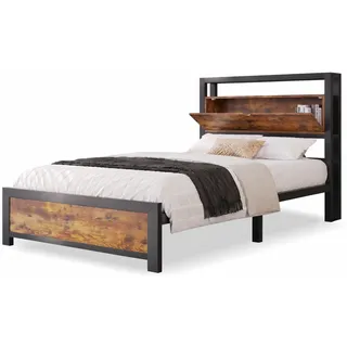 Stilvora Metallbett 90/200 cm in Natur mit Stauraum-Kopfteil und Metalllattenrost Industrial Design , Schwarz , 3 Fächer , 90x200 cm , Schlafzimmer, Betten, Metallbetten